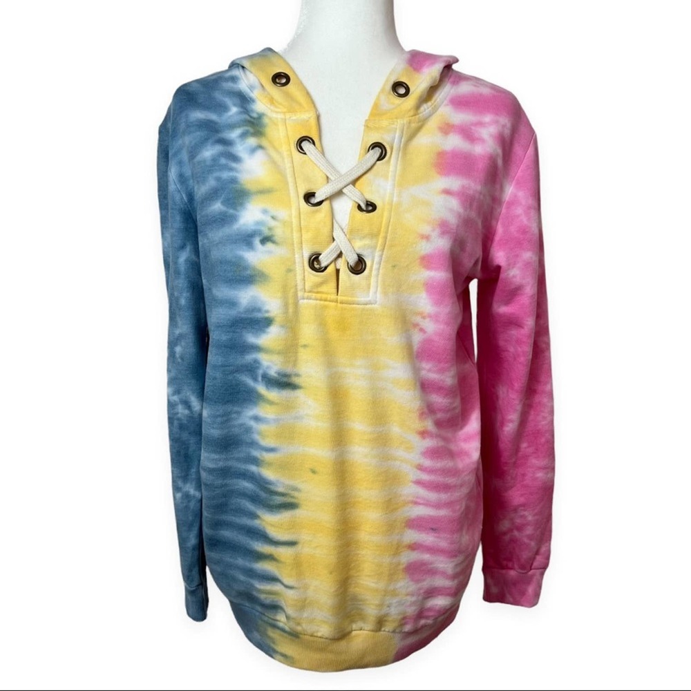 Honeyme | Women's Multi Color Tie-Dye Lace V-Neck Pullover Hoodie Long Sleeve